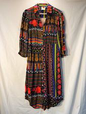 Farm Rio Anthro W S Multicolor Patchwork Dress Midi 3/4 Sleeve Button Front