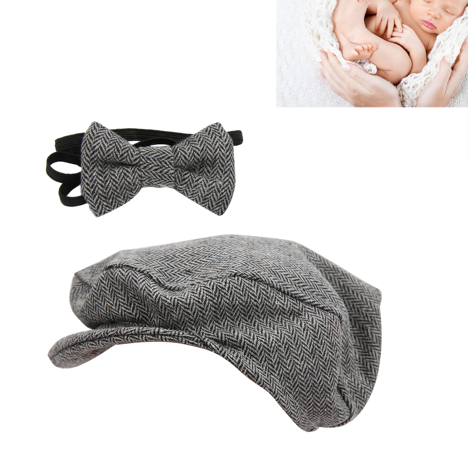 Newborn Baby Photography Prop Set Fashionable Flat Cap Gentleman Hat Bowtie For