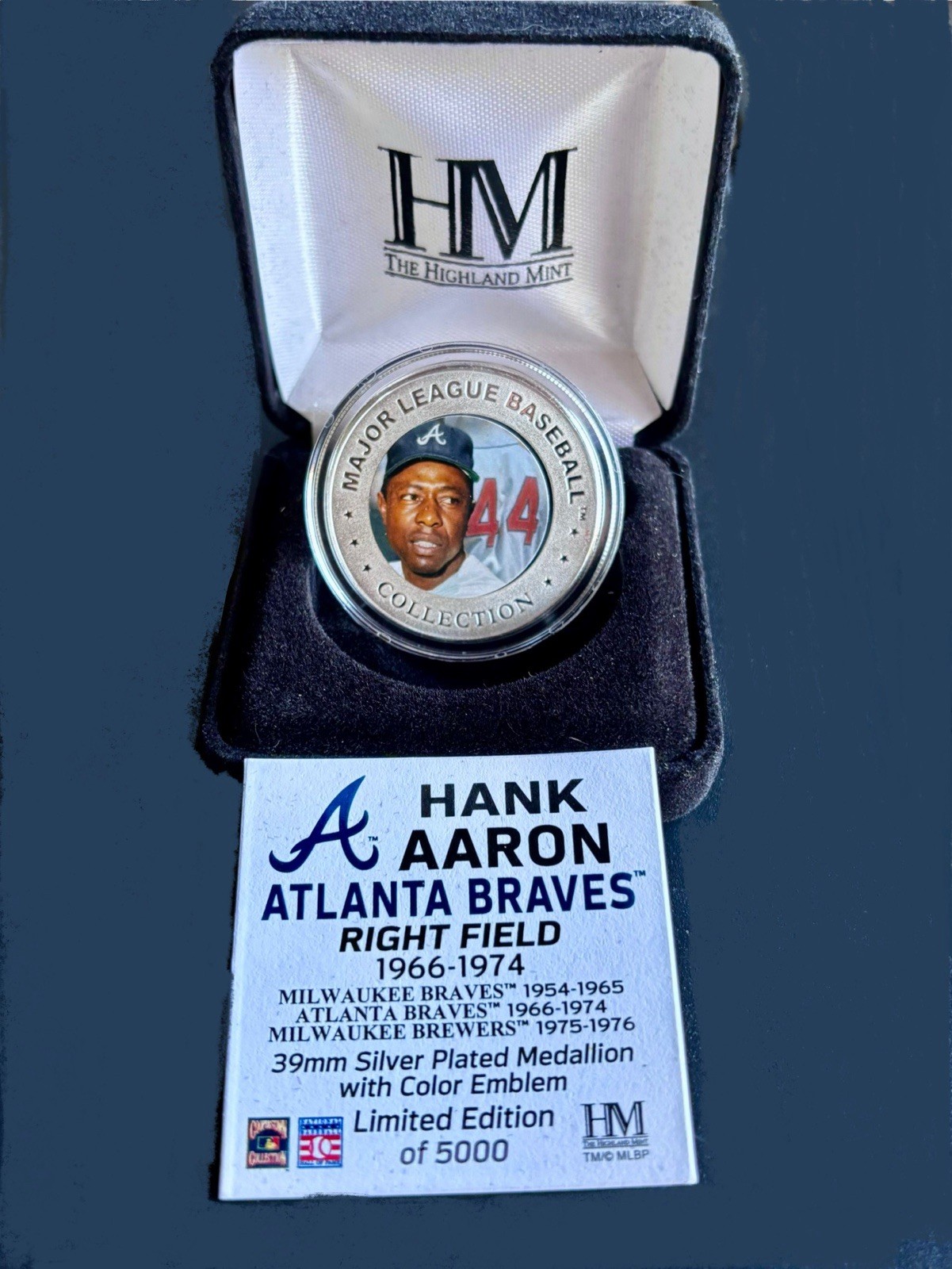 Highland Mint Silver Plated Hank Aaron 1 Of 5,000 Collectors Coin COA.OGP