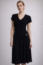 CHANEL Black Ribbed Knit Dress CC Button Short Sleeve Pleated Size 38