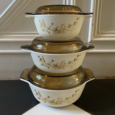 PYREX Harvest Spray Pattern Set of 3 Vintage Casserole Dishes With Lids M&S 