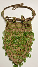 Antique Tan Crochet Pale Green Micro Bead Leaf Tassel Purse