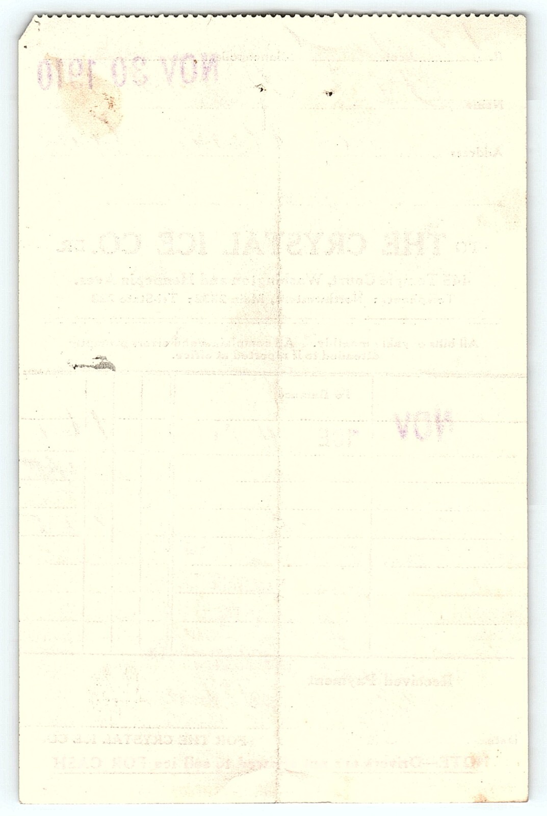 1910 CRYSTAL ICE CO 356 TEMPLE COURT WE SELL LAKE ICE ONL INVOICE BILLHEAD Z7061