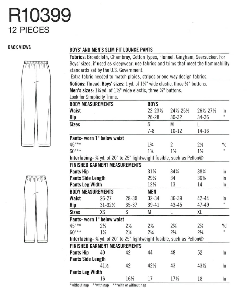 Simplicity R10399 Classic Slim Cut Pajama Pants Men XS-XL & Boys S-L UNCUT 8519 - Image 2 of 4