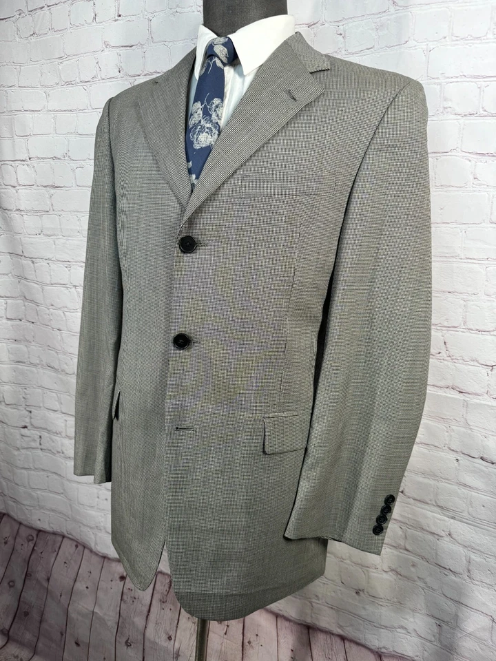 TOMMY HILFIGER Mens Beige Wool FINE HOUNDSTOOTH 2 Pc Suit 40R Jacket 32x31 Pant - Image 3 of 4