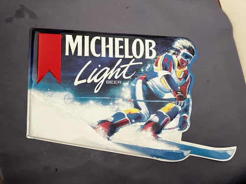 Vintage Rare MICHELOB Beer TIN Metal Sign 1989 Skier Skiing Breweriana BAR Decor