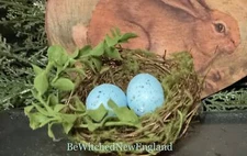 4” Rustic Mossy Birds Nest Blue Speckled Eggs