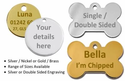 Personalised Round / Bone Engraved Dog ID Name Tag Small / Large Pet / Cat Tags