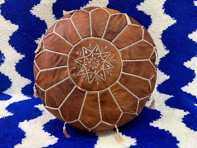 Handcrafted Leather Moroccan Pouf- Boho Ottoman for Home Decor- MoroccanHandsART