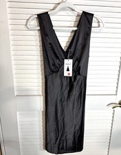 ZESICA Women Size Large Satin V Neck Sleeveless Tie Waist Black Mini Dress NWT