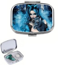 Cat Woman Pill Box, 2-Compartment Mini Decorative Pocket, Travel Size