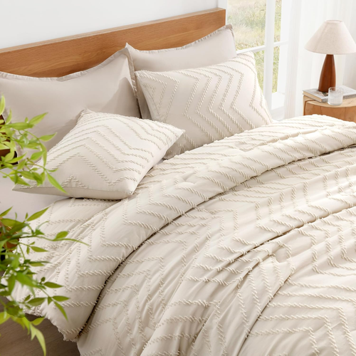Beige King Size Comforter Set, 3-Piece Lightweight Tufted Bedding All Season - Bild 3 von 8