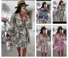 Damen-Minikleid mit Bindeband vorne bedruckt hohe Taille Langarm geknöpft Damenkleid UK