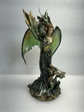 Ebros Emerald Elf Fairy With 2 Green Guardian Dragons Figurine 9"H