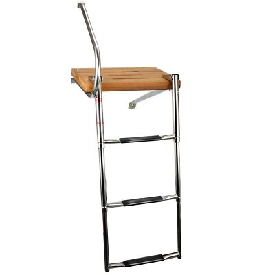 3 Step Stainless Steel Boat Ladder Outboard Universal Teak Wooden Swim Platform