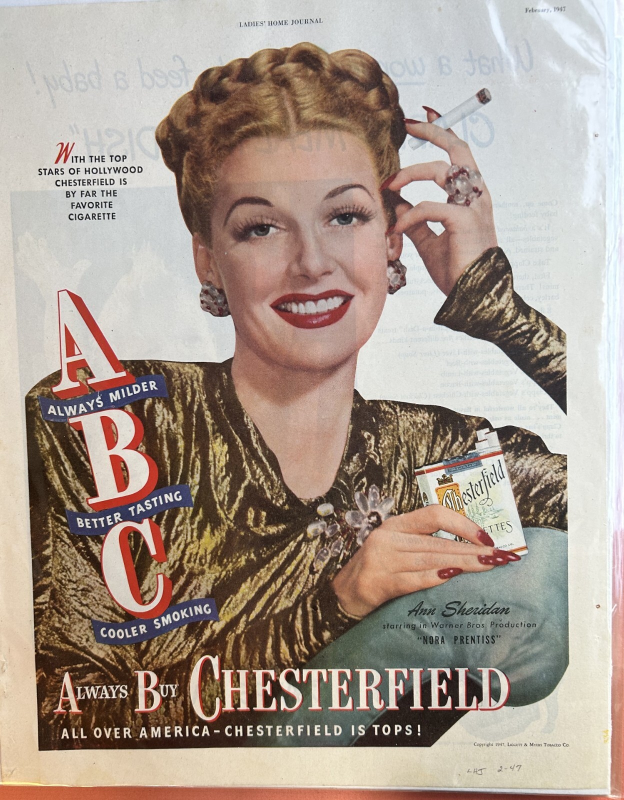 1947 Chesterfield Cigarettes Smoking ANN SHERIDAN Tobacco Vtg Magazine