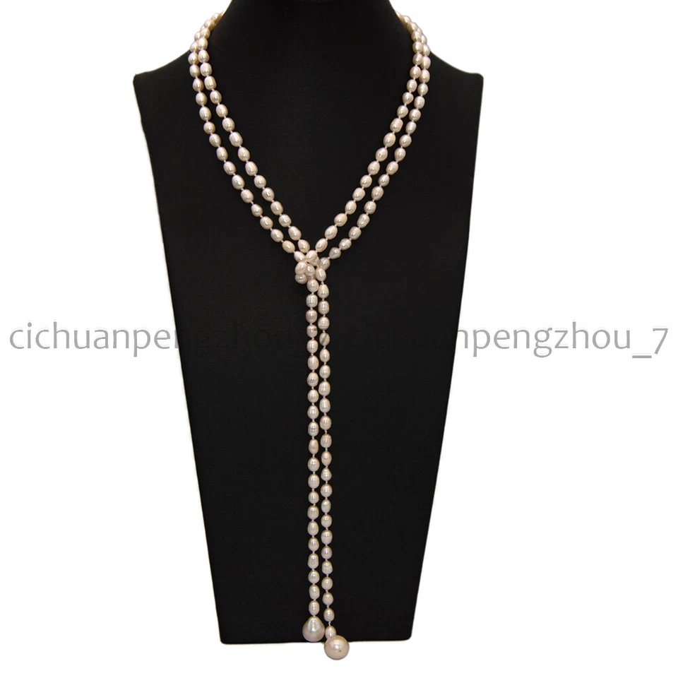 Colar longo real natural 7-8mm pingente de pérola barroca arroz branco Lariat - Imagem 2 de 4