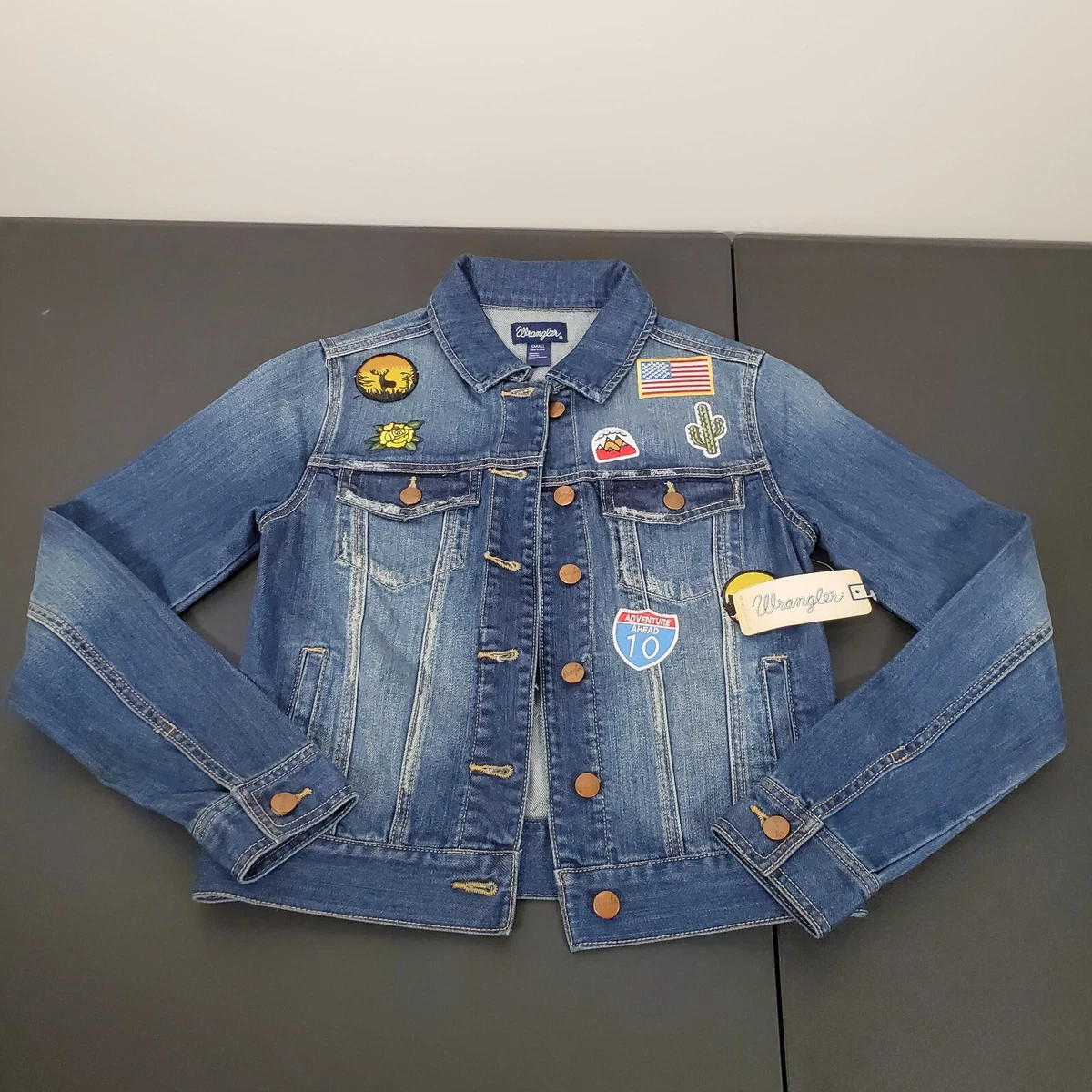 Wrangler Denim Jean Jacket With Travel Patches Small NWT Blue Womens