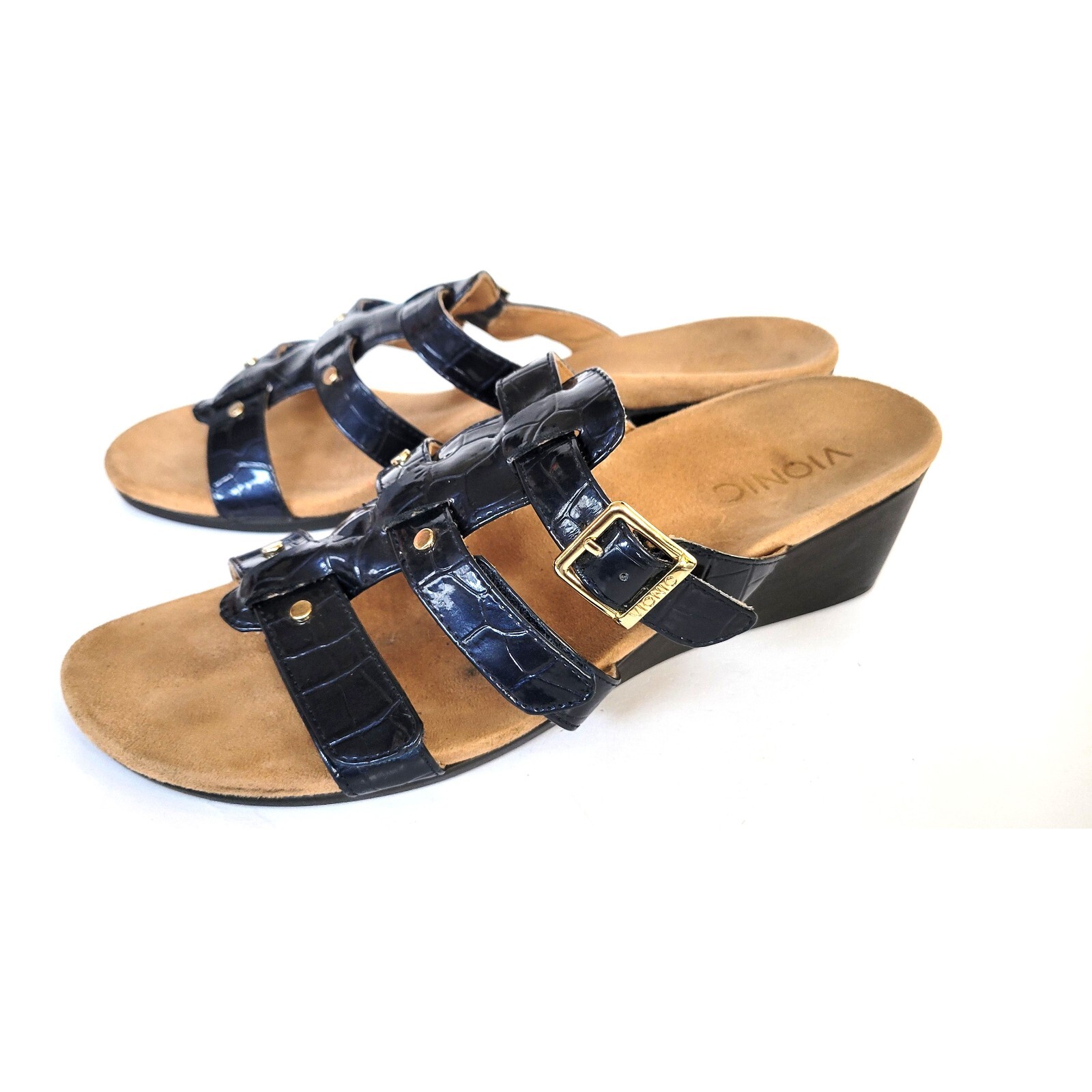 Vionic Womens Blue T-Strap Wedge Sandals Size 8 Comfort Arch Support