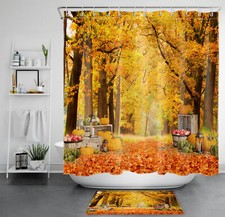 Autumn Forest Nature Scenery Maple Tree Shower Curtain Set Bathroom Decor 71"