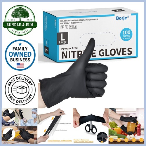 Disposable Black Nitrile Gloves Large Food Safe Latex-Free Textured 100