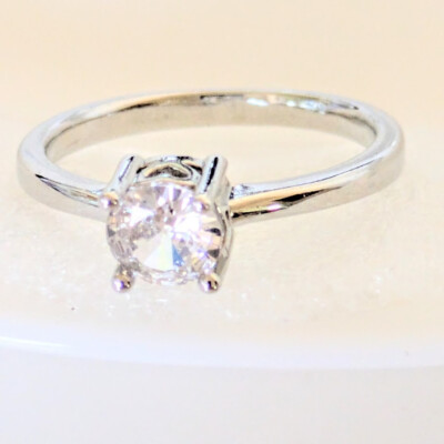 QVC Diamonique Epiphany Platinum Clad Heart Basket Classic Solit   -Sz 7 - 7 1/2