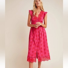 ANTHROPOLOGIE RANNA GIL Tomine Eyelet Midi Dress in Hot Pink NWT
