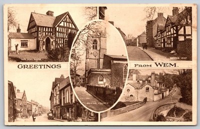 Vintage Multi-View Postcard Greetings from Wem England Old Mill House C343