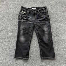King Way Jeans Capri Mens Size 30 Black Faded Whiskered Embroidered Y2K Denim