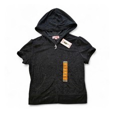 Juicy Couture Black Terry Hooded Jacket  Shorts Set, Size M, Zip, Short Sleeve