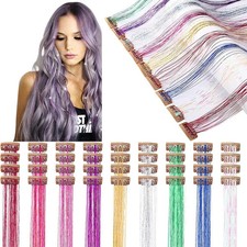 50cm Sparking Shiny Hair Tinsel Extensions Synthetic Clip In Hair Extensions