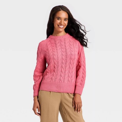 Women Round Neck Cable Sweater - A