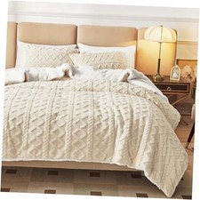 3-Piece Fluffy Faux Fur Sherpa Comforter Set Queen Size Queen 88"x88" Beige