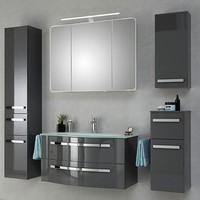 BadmöBel-Set Grau Waschtisch HäNgeschrank Hochschrank Spiegelschrank Glasbecken
