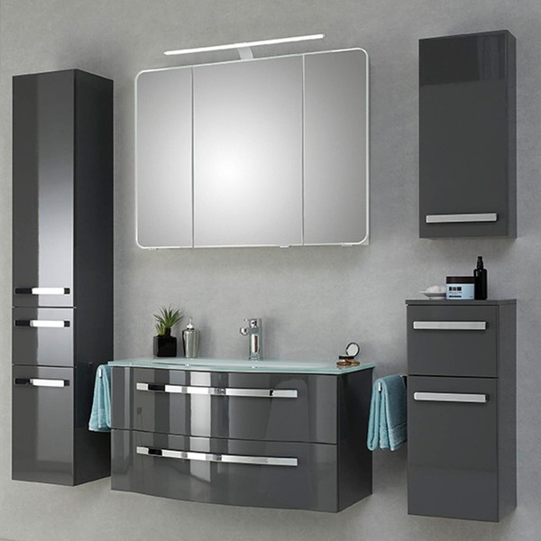 BadmöBel-Set Grau Waschtisch HäNgeschrank Hochschrank Spiegelschrank Glasbecken-image