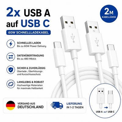 2x USB C Ladekabel 2M Schnellladekabel Fast Charge Weiß