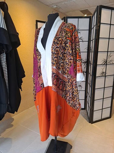 NUEVO RARO VESTIDO CAFTÁN DE LINO Y SEDA RECICLADO HECHO A MANO TALLA ÚNICA - Imagen 9 de 12
