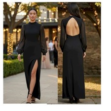 Lulus Seeking Sophistication Black Backless Mesh Sleeve Maxi Dress Medium New