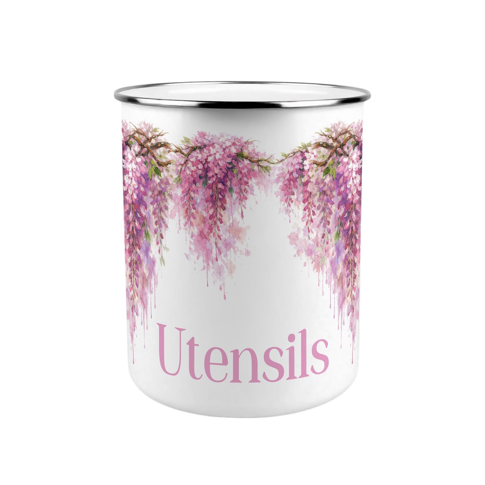 Pink Wisteria Utensil Pot - Enamel XL Kitchen Utensil Organiser Decor Gift