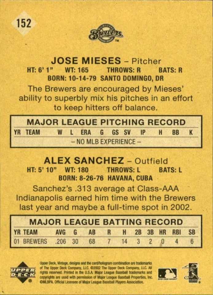 2002 Upper Deck Vintage #152 Jose Mieses / Alex Sanchez - Image 2 of 2