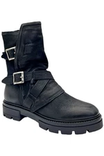 Miz Mooz Leather Double Buckle Ankle Boots Biggs Black