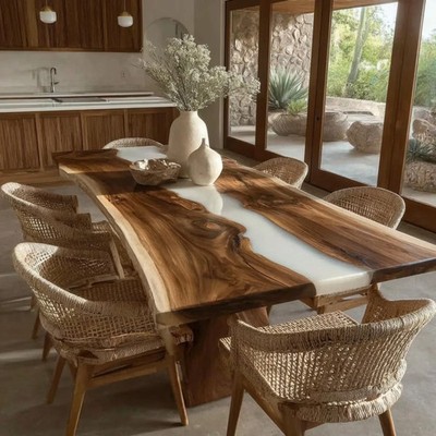 Ocean Blue Epoxy River Table Top 60x36 Live Edge Wood Dining Desk