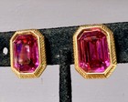 Signed Swarovski Pink Crystal Clip On Earrings Gold Tone Emerald Cut — photo 8