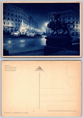 Napoli Piazza della Borsa Night Scene Fountain Winged Lion Postcard RPPC