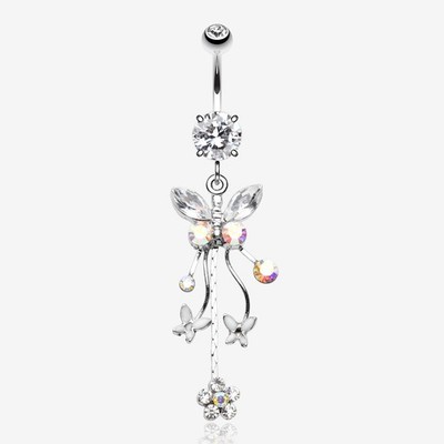Butterfly Flower Garden Dangle Sparkle Belly Button Ring