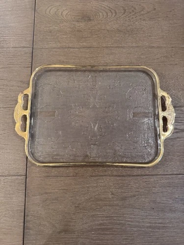 VTG  Jeanette Glass Embossed Harp and Scroll Tray Gilded Handles With Wear