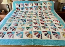 Antique Fan Pattern Quilt, Hand Stitched, Early 1900s, Feedsack, 68  X 82  