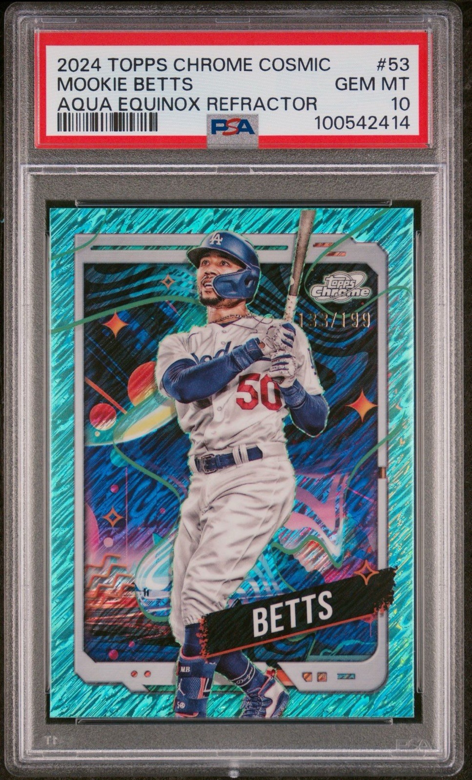 2024 TOPPS CHROME COSMIC AQUA EQUINOX REFRACTOR #53 MOOKIE BETTS 133/199 PSA 10 view 1