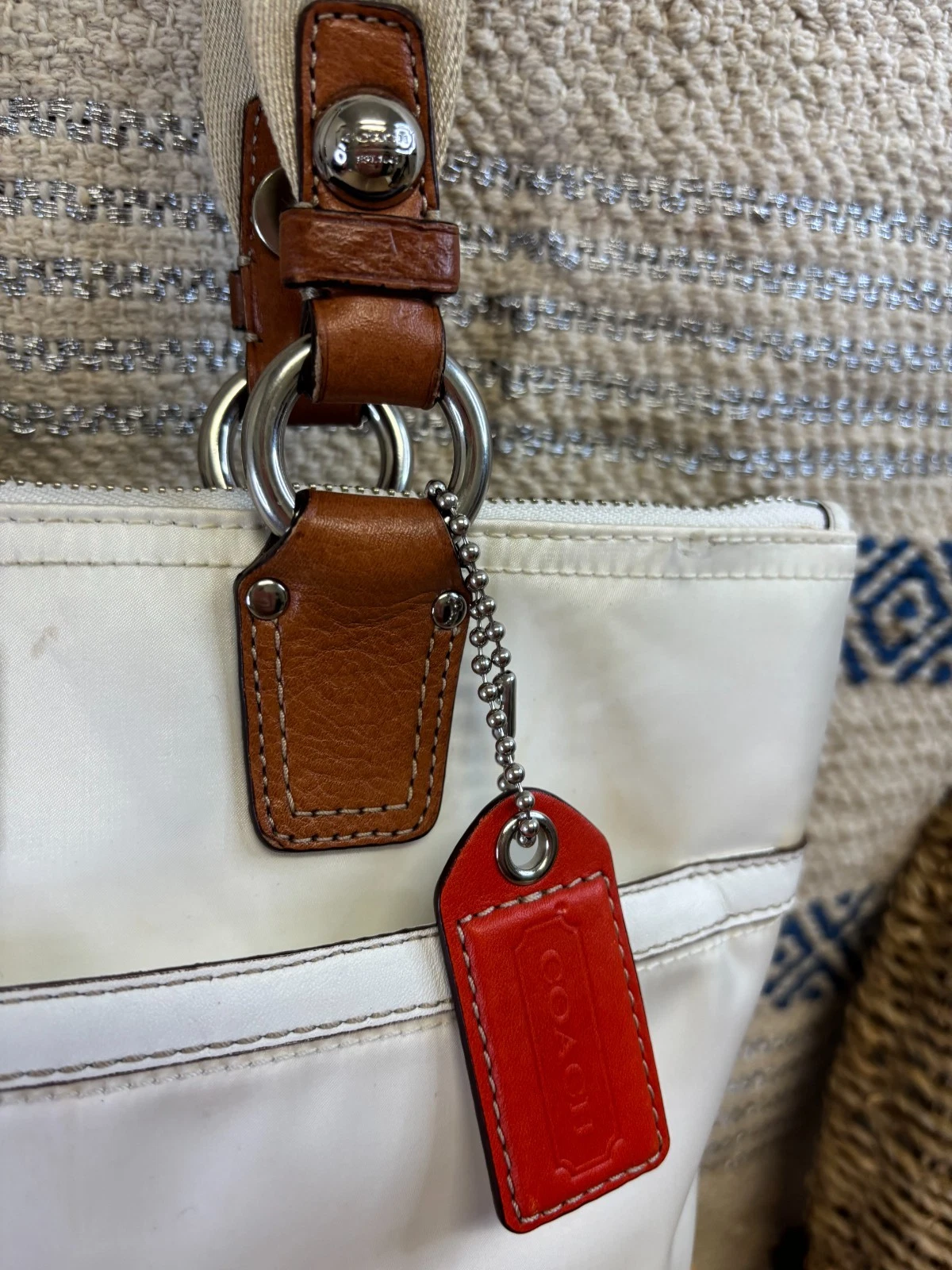 Borsa Coach Park bianca arancione nylon bordo pelle doppio manico chiusura cerniera tote bag