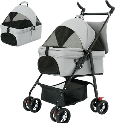 Folding Pet Stroller for Small Medium Dogs Cats with Detachable Carrier Gray